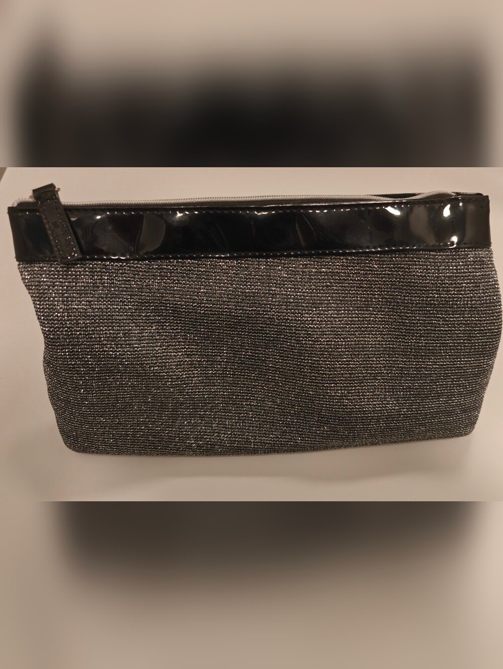 Lancôme Metallic silver cosmetic bag or evening clutch w/distinctive black